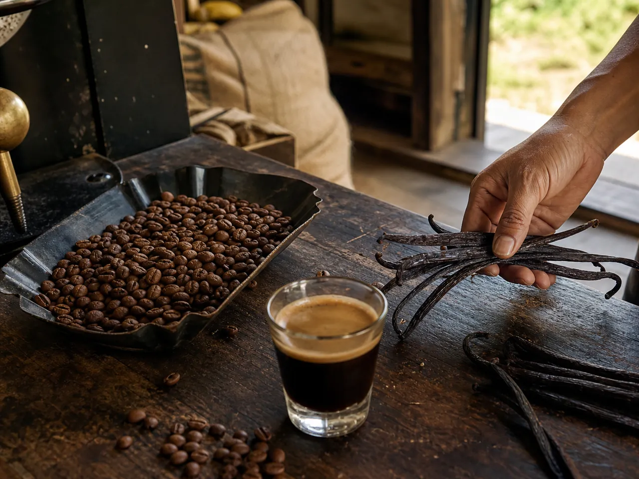 Biji kopi, seduhan kopi, dan vanila di meja pengolahan